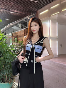 Áo Len Dệt Kim Ôm Vừa Vặn Thời Trang Mùa Hè Cho Nữ Áo Vest Cổ Thuyền Kẻ Sọc Thiết Kế Cổ Điển Áo Chui Đầu Không Tay