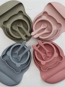 Danish Original Baby Tableware Suction Cup Plate Silicone Bear Bowl Bib Suit Complementary Food Baby Kids Integrated