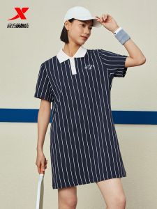 XTEP Womens Knitted Sportswear Short Sleeve Polo Collar Dress Slimming Striped Fashionable Breathable Cotton Casual Dress