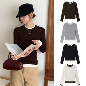 Sweetknit Early Autumn Casual Color Block Knitted T-Shirt Base Shirt Top Ladies Long Sleeve Knitted Fabric Fake Two-Piece
