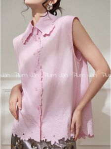 PlumJan | Áo Sơ Mi Elegance Hồng Phối Ren Không Tay