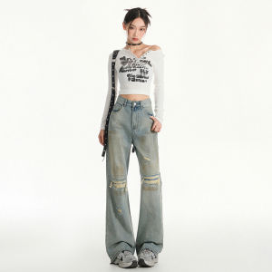 กางเกงยีนส์ทรงหลวมสไตล์ย้อนยุคสไตล์อเมริกันสำหรับผู้หญิง ฤดูใบไม้ผลิ 2025 กางเกงยีนส์ขาดสีน้ำดิน กางเกงขายาวทรงหลวม