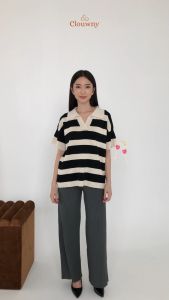 Clouwny Minji Stripes Top Lengan Pendek Atasan Rajut Wanita Halus Nyaman Santai Korean Top