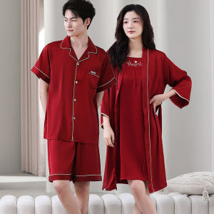 MiiOW | Ice Silk Couple Sleepwear Short Sleeve Lightweight Summer Suit For Men And Women Red Wedding Celebration Home Clothes Set
