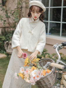 Sweet Girl Ethnic Han Elements Jacket Young Revised Two-Piece Set Autumn Winter Short Outerwear Slim Fit Long Sleeve Stand Collar