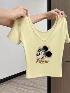 เสื้อยืดคอกลมแขนสั้นผ้าฝ้ายแท้สำหรับผู้หญิงในช่วงฤดูร้อน ลายการ์ตูนสนุกสนาน สไตล์อเมริกัน ทรงเข้ารูป เสื้อเชิ้ตทรงปกติ