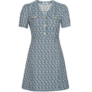 HR | HR Elegant V-neck Dress Commute Fashion Workwear Short Skirt Summer New Arrival Printed A-line Skirt Polyester Fiber Short Sleeve