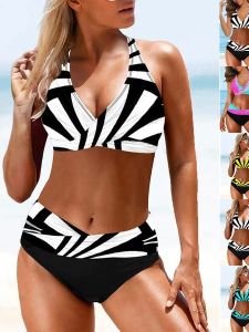 Bộ Đồ Bơi Hai Mảnh Cạp Cao Chia Đôi Màu Khối Thời Trang Mùa Hè Cho Nữ