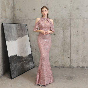 Banquet elegant long short-sleeved sequined queen fishtail evening dress