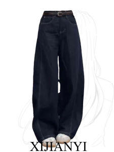 Quần Jeans Ống Rộng Xanh Đậm Cạp Cao Cho Nữ Mùa Xuân Hè Cỡ Lớn Quần Dài Dài Đến Sàn Ống Rộng Quần Dài Thẳng Quần Jeans