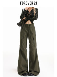 Forever 21 Military Green Drawstring Workwear Flared Casual Pants Women Design High Waist Loose Sports Paratrooper Pants