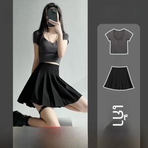 กระโปรงสั้นทรงเอเอวสูงลายจุดสีดำสำหรับผู้หญิง ฤดูใบไม้ผลิและฤดูใบไม้ร่วง 2025 กระโปรงสั้นทรงเอ JK ป้องกันแสงสีเขียว