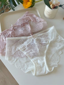 กางเกงในผ้าตาข่ายลูกไม้สไตล์ฝรั่งเศสแบบบางสไตล์ญี่ปุ่นสำหรับฤดูร้อนเป้าผ้าฝ้ายแท้ไร้รอยต่อเอวต่ำโปร่งใสระบายอากาศได้ดีสำหรับสาวๆ