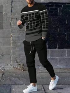 Fashionable summer mens striped patchwork print breathable round neck long sleeved pants set outdoor casual wear