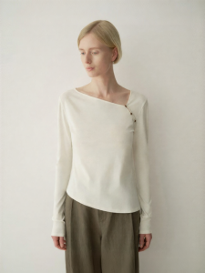 INSIS FEMME | Cotton Wool Chinese Style Diagonal Placket Regular Shoulder Long Sleeve T-Shirt