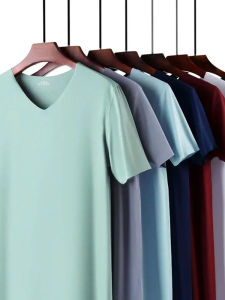Mens V-neck Seamless Short Sleeve T-shirt Breathable Thin Spring Summer Casual Solid Color T-shirt Comfortable Loose Fit
