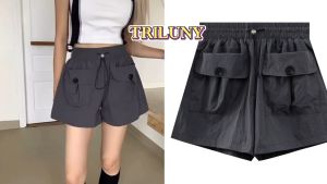 Celana Pendek Kargo Baru Wanita Celana Kaki Lebar A-Line Serut Pinggang Tinggi Gaya Korea