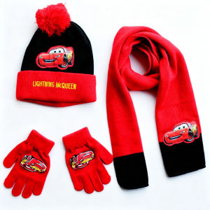 BLOKEES | New Autumn Winter Cute Children Red Black Car McQueen Cartoon Scarf Hat Glove Three-Piece Warm Boy Girl Child Hat Pompon Cap