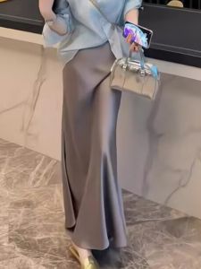 Acetate Satin Skirt Womens Summer Fancy High Waist Drooping Slim Looking Temperament Sheath Fishtail Midi Skirt A- Line Skirt