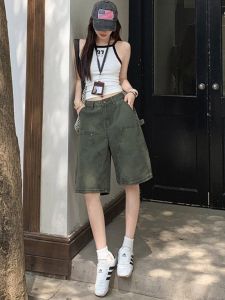 Loowmane | Military Green Workwear Multi-Pocket Womens Straight Jeans Shorts