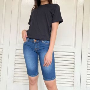 JSK Celana Jeans Pendek 3 4 Wanita Dewasa Selutut Bahan Melar Warna Biru 7708