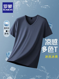 Romon Ice Silk Modal V-neck Short Sleeve T-shirt Men Summer Cool Versatile Solid Color Half Sleeve Top Youth Fashion Trend