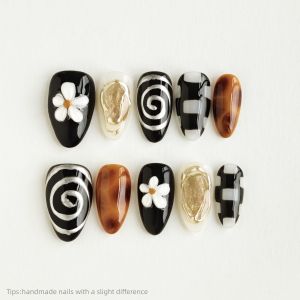 10pcs Handmade Black White Gold Flower Press On Nails Almond Long Luxury Retro Fake Nails Checkerboard Decor False Nail