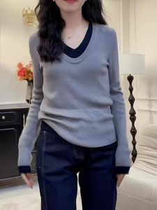 Elegant V-Neck Knitted Top Womens Slim Fit Inner Wear Base Shirt Korean Style Commute Polyester Fiber Long Sleeve Regular Length