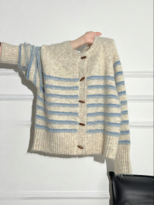 AUDISTY | Áo Cardigan Dày Mỏng Màu Sọc Cổ Tròn Tay Dài Phong Cách Mùa Xuân