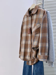 QINGNAER | Retro Stylish Plaid Contrast Pocket POLO Collar Long Sleeve Shirt