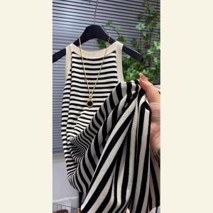 First-Line Brand Big Sale Leak-Picking Retro Chic Skirt Fancy Stripes Knitting Halterneck Dress Womens Summer