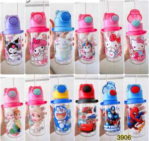 Bình Nước Kèm Ống Hút Dung Tích 600ml Mẫu Melody Kitty Kuromi Doraemon Siêu Nhân Xe Unicorn Cute Cho Bé Đi Học