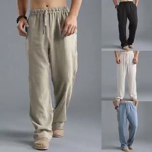 Mens Fashion Clothes Breathable Linen Loose Sports Straight Trousers