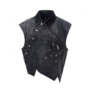 เสื้อกั๊กยีนส์ชายแขนกุดเย็บปักลายฤดูร้อน ทรงหลวม ปกโปโล คอตั้ง ปกโปโล แขนกุด ปักลายหมึก ทรงหลวม แขนกุด