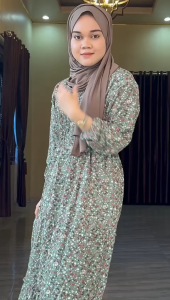 Gamis Motif Bunga Lengan Panjang Muslimah Modern Resleting Depan