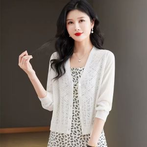 Summer Hollow out Knitted Cardigan Womens New Pure Color Shawl Air Conditioner Shirt Thin Ice Silk Outerwear Sun Protection Top