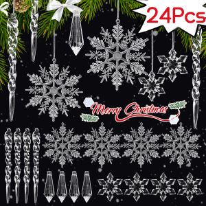 ❄️Christmas Top Pick❄️12/24Pcs Christmas Acrylic Snowflake Simulation Ice Pendants Xmas Tree Hanging Ornament New Year Christmas Decoration for Home