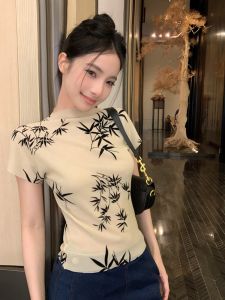 GUZILIAN | New Chinese Style Womens Chiffon Shirt Summer Design Sensation Ink Painting Print Small Top Elegance National Style Top