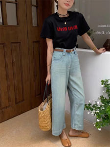 ขากว้างย้อนยุค เดนิม กางเกงยีนส์ ผู้หญิง ฤดูร้อน สูงบาง เอว หลวม ตรง ลำลอง Nine Point Banana Grandma กางเกง อินเทรนด์