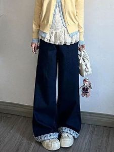 Quần Jeans Denim Xanh Đậm Thêu Cỡ Lớn Cho Nữ Kiểu Mỹ Thiết Kế Mùa Xuân 2025 Quần Ống Rộng Ôm Dáng Quần Thường Ngày