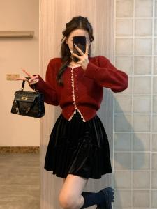 Red Christmas New Year Two-Piece Set Womens Fashionable Sweater Dress Small Fragrance Style Polyester Fiber Long Sleeve Slim Fit