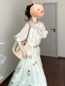 LIRUSHAN | New Chinese Style White Floral Summer Half-Length Dress Set