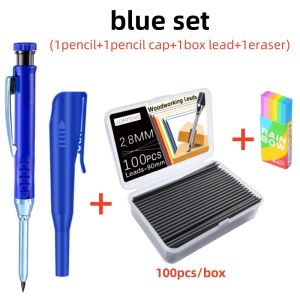 Deep Hole Solid Carpenter Pencil With Pencil Cap and 100pcs 2.8mm 2B Lead Woodworking Marking Mechanical Pencil for Woodworking