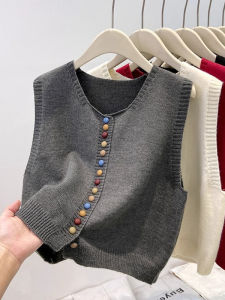 Rainbow Button round Neck Knitted Vest Cardigan Womens Sleeveless Shoulder Openwork Sweater Top Spring Autumn New Style