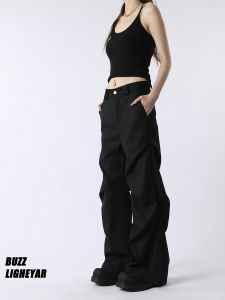 Quần Tây Công Sở Màu Đen Cạp Thấp Phong Cách Đường Phố Mỹ Dành Cho Nữ Mùa Xuân 2025 Quần Dài Ống Rộng Thường Ngày