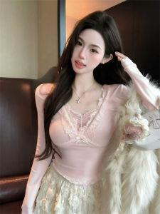 GUZILIAN | เสื้อชั้นในผู้หญิงคอวีสไตล์ฝรั่งเศส แขนยาว ทรงสลิมฟิต สีพื้น เสื้อชั้นในฤดูหนาว ลายลูกไม้ ดีไซน์ปะติดปะต่อกัน