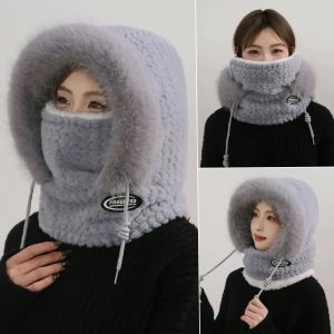 Womens Winter Thermal Hood Soft Plush Hat with Scarf and Mask Windproof Ear Protection for Outdoor Riding and Cycling