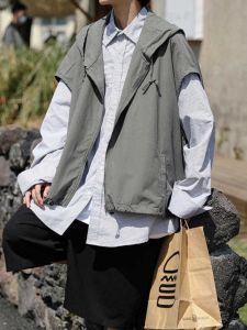 วัยรุ่น Workwear เสื้อกั๊ก TOP หลวม Fit Hooded Zippered สไตล์ญี่ปุ่นโฟร์ซีซั่นกลางแจ้งสวมใส่อินเทรนด์