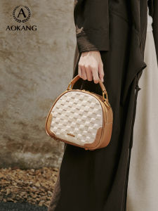 Aokang Leather Handbag 2025 New Style Large Capacity Single Shoulder Commuter Womens Bag Soft Handle round Shape Bag