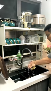 65/85/95CM Dustproof Drain Rack With Cabinet Door Multi-functional Sink Rack Plate Organizer